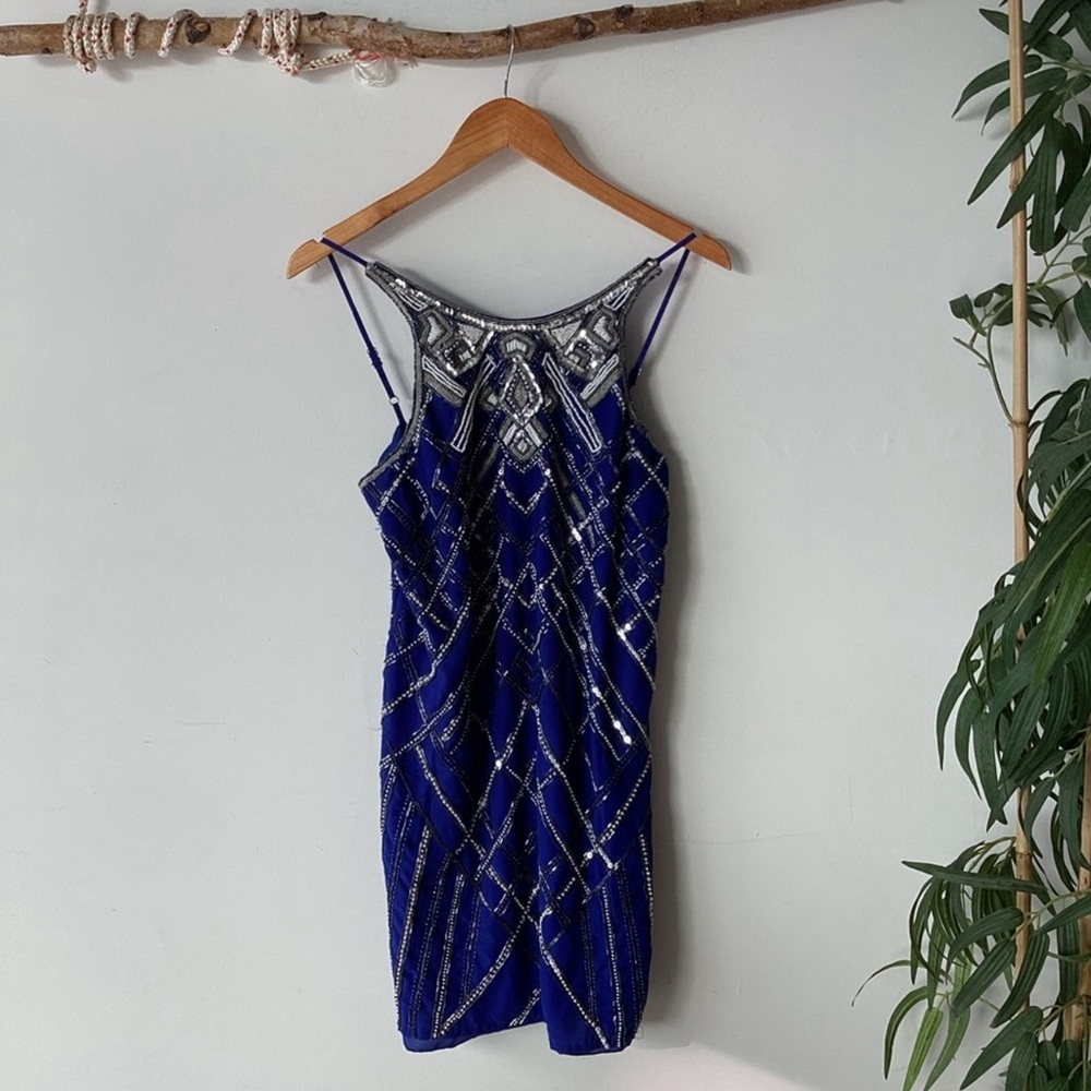 Parker Blue Sequin Halter Silk Dress